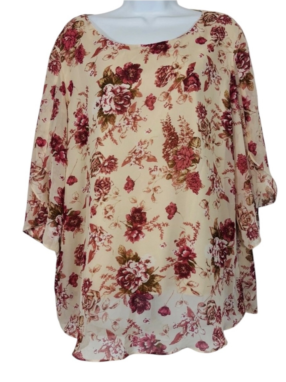Floral Chiffon Blouse XL Cream Pink Rose Print Flowing Bell Sleeve Top